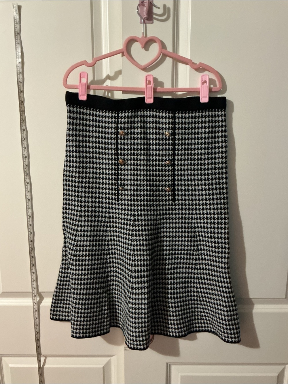 Black & White Houndstooth Midi Skirt with Button Detail